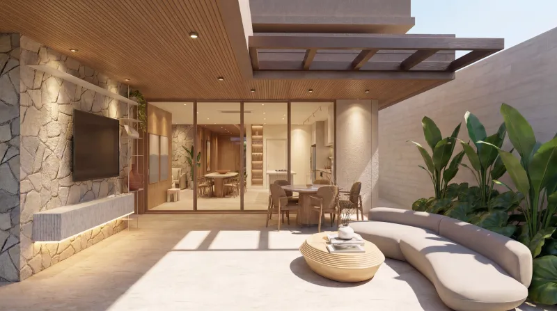 Bem-estar. Integração. Atemporalidade. Living Externo Projeto J|P